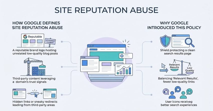 Infographic titled 'Site Reputation Abuse' illustrating how Google defines site reputation abuse on the left—covering reputable brands hosting unrelated low-quality blog posts, third-party content leveraging domain trust signals, and hidden links or sneaky redirects—and why Google introduced this policy on the right—covering clean search result shields, balancing relevant results against low quality, and providing better user experiences—surrounding a central browser and analytics icon.