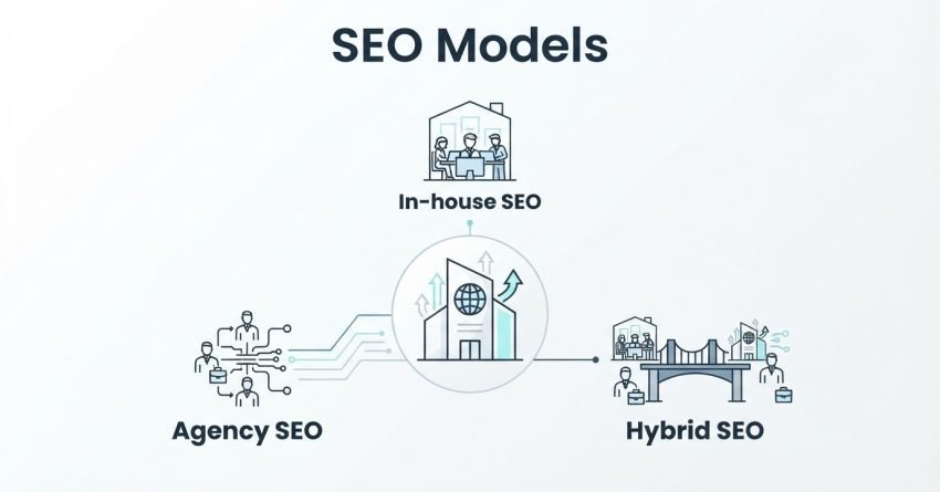 Infographic on SEO models, comparing in-house SEO, agency SEO, and hybrid SEO structures for digital marketing operations