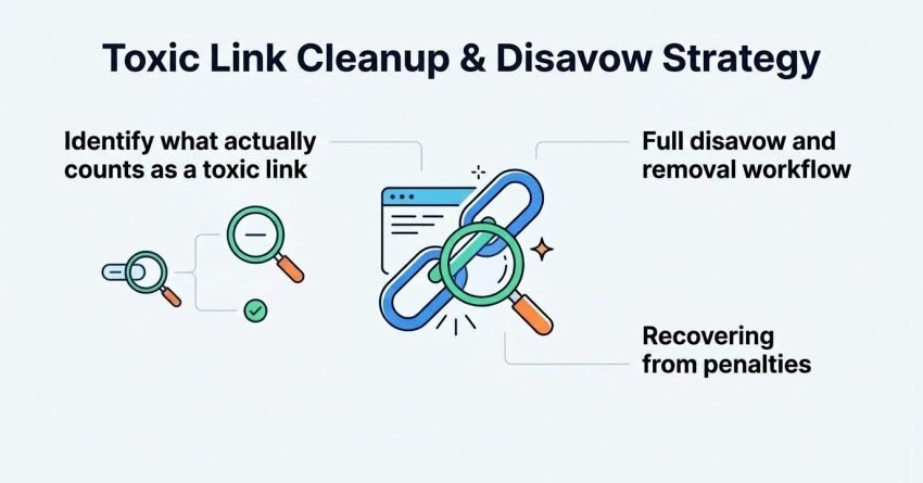 Infographic titled 'Toxic Link Cleanup & Disavow Strategy' illustrating how to identify what actually counts as a toxic link on the left, full disavow and removal workflows on the top right, and recovering from penalties on the bottom right, surrounding a central magnifying glass and link icon.