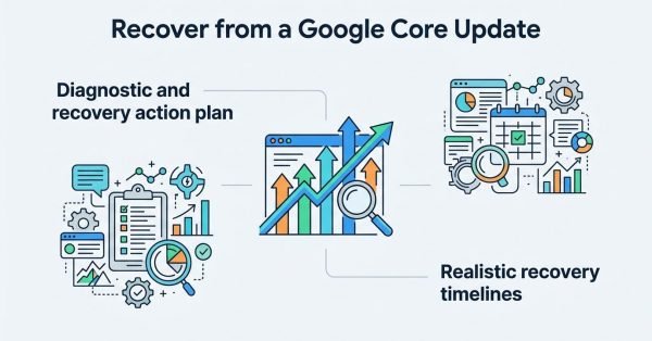 Infographic titled 'Recover from a Google Core Update' illustrating a diagnostic and recovery action plan on the left and realistic recovery timelines on the right, surrounding a central search window with rising trend arrows and a magnifying glass.