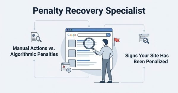 Infographic titled 'Penalty Recovery Specialist' illustrating manual actions versus algorithmic penalties on the left and signs your site has been penalized on the right, surrounding a central search browser window and a specialist analyzing search results.