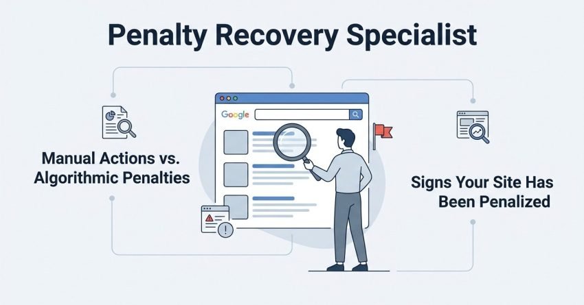 Infographic titled 'Penalty Recovery Specialist' illustrating manual actions versus algorithmic penalties on the left and signs your site has been penalized on the right, surrounding a central search browser window and a specialist analyzing search results.