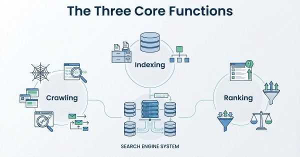 B2B technical educational infographic titled 'The Three Core Functions' mapping out Crawling, Indexing, and Ranking connected to a central Search Engine System database and server architecture