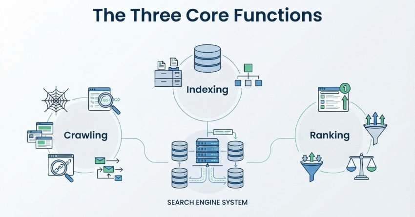 B2B technical educational infographic titled 'The Three Core Functions' mapping out Crawling, Indexing, and Ranking connected to a central Search Engine System database and server architecture