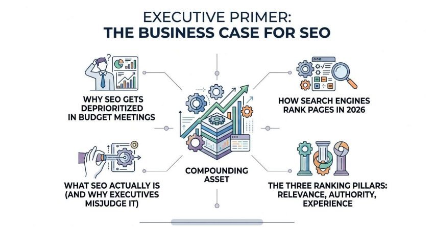 Educational B2B procurement infographic titled 'EXECUTIVE PRIMER: THE BUSINESS CASE FOR SEO' centered on server infrastructure and an ascending trend chart labeled 'COMPOUNDING ASSET', connecting four executive strategy sections: Why SEO Gets Deprioritized in Budget Meetings, What SEO Actually Is, How Search Engines Rank Pages in 2026, and The Three Ranking Pillars: Relevance, Authority, Experience