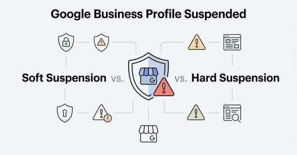 Infographic on Google Business Profile suspension, detailing soft suspension versus hard suspension.