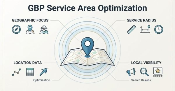 Infographic on GBP service area optimization, detailing geographic focus, service radius, location data optimization, and local visibility search results.