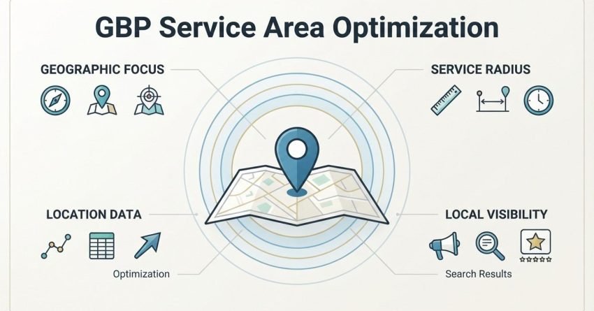 Infographic on GBP service area optimization, detailing geographic focus, service radius, location data optimization, and local visibility search results.