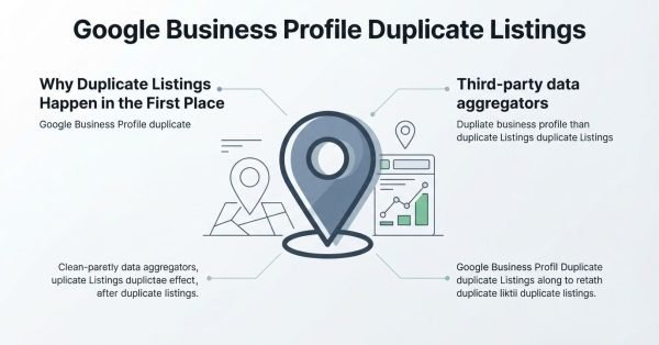 Infographic on Google Business Profile duplicate listings, detailing why duplicate listings happen in the first place and third-party data aggregators.