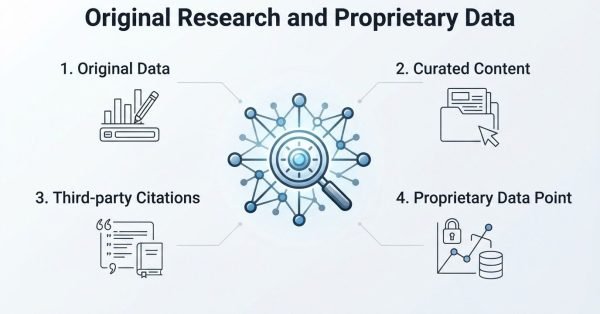 Infographic on original research and proprietary data, detailing original data, curated content, third-party citations, and proprietary data point.