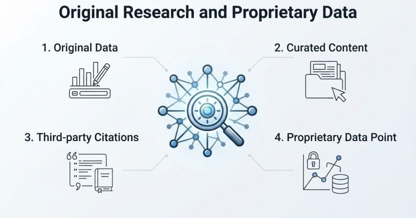 Infographic on original research and proprietary data, detailing original data, curated content, third-party citations, and proprietary data point.