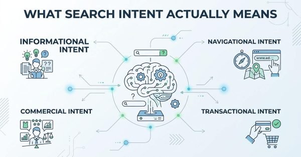 B2B educational infographic titled 'WHAT SEARCH INTENT ACTUALLY MEANS' breaking down the four search intent categories around an AI brain processing hub