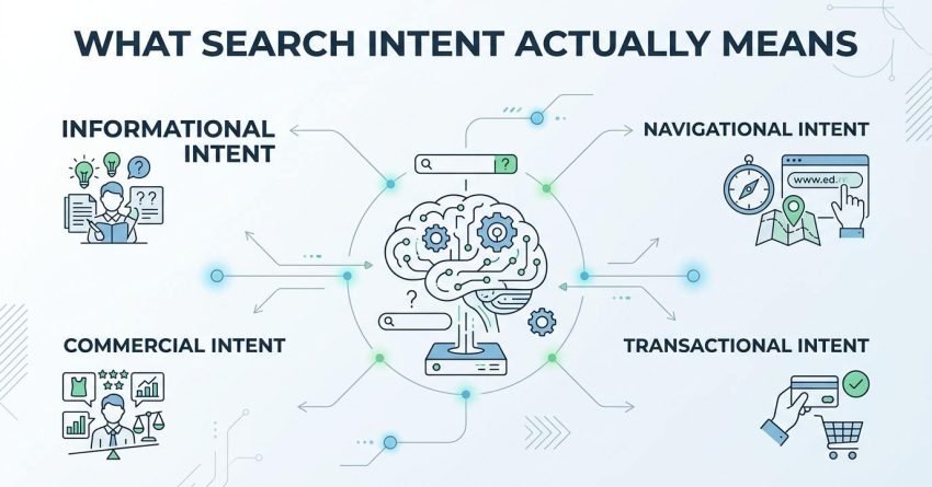 B2B educational infographic titled 'WHAT SEARCH INTENT ACTUALLY MEANS' breaking down the four search intent categories around an AI brain processing hub