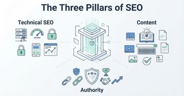 B2B technical educational infographic titled 'The Three Pillars of SEO' detailing Technical SEO, Content, and Authority around a central 3D architectural pediment structure with glowing data pillars housing an internal cube core