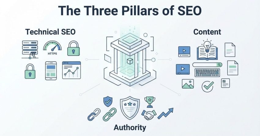 B2B technical educational infographic titled 'The Three Pillars of SEO' detailing Technical SEO, Content, and Authority around a central 3D architectural pediment structure with glowing data pillars housing an internal cube core