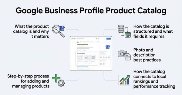 Infographic on Google Business Profile product catalog, detailing what the product catalog is and why it matters, how the catalog is structured and what fields it requires, photo and description best practices, how the catalog connects to local rankings and performance tracking, and a step-by-step process for adding and managing products.