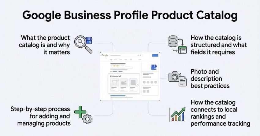Infographic on Google Business Profile product catalog, detailing what the product catalog is and why it matters, how the catalog is structured and what fields it requires, photo and description best practices, how the catalog connects to local rankings and performance tracking, and a step-by-step process for adding and managing products.