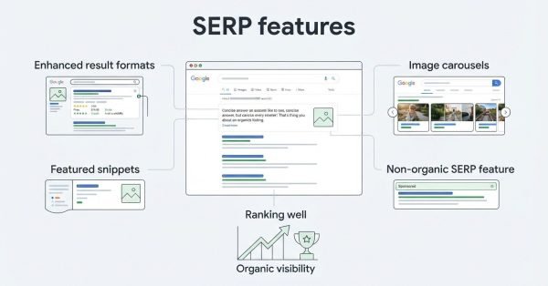 B2B educational infographic titled 'SERP features' illustrating Google search results layout, detailing Enhanced result formats, Featured snippets, Image carousels, and Non-organic SERP features alongside organic ranking visibility metrics
