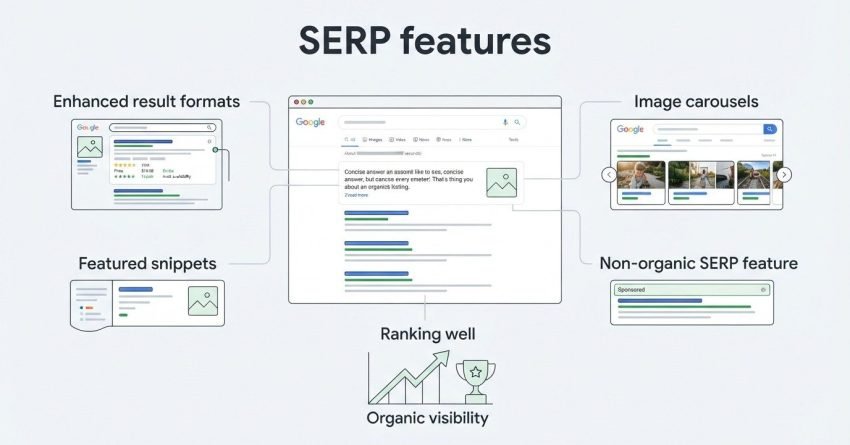 B2B educational infographic titled 'SERP features' illustrating Google search results layout, detailing Enhanced result formats, Featured snippets, Image carousels, and Non-organic SERP features alongside organic ranking visibility metrics