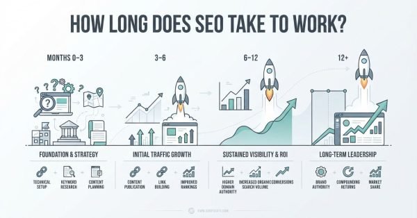 B2B educational infographic titled 'HOW LONG DOES SEO TAKE TO WORK?' mapping four progressive growth phases across Months 0–3, 3–6, 6–12, and 12+ along an ascending rocket launch and compounding traffic curve
