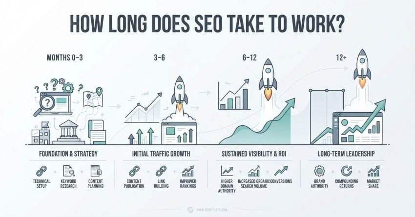 B2B educational infographic titled 'HOW LONG DOES SEO TAKE TO WORK?' mapping four progressive growth phases across Months 0–3, 3–6, 6–12, and 12+ along an ascending rocket launch and compounding traffic curve