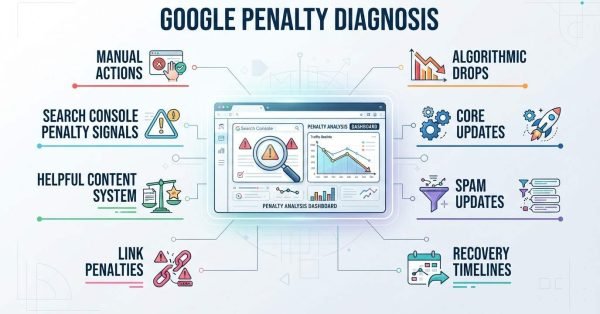 Infographic titled 'Google Penalty Diagnosis' illustrating manual actions, search console penalty signals, helpful content systems, and link penalties on the left, alongside algorithmic drops, core updates, spam updates, and recovery timelines on the right, surrounding a central penalty analysis dashboard and search console interface.
