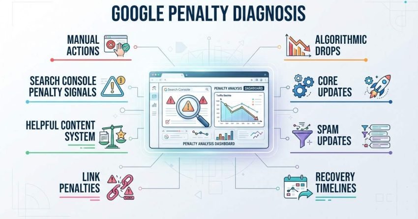 Infographic titled 'Google Penalty Diagnosis' illustrating manual actions, search console penalty signals, helpful content systems, and link penalties on the left, alongside algorithmic drops, core updates, spam updates, and recovery timelines on the right, surrounding a central penalty analysis dashboard and search console interface.