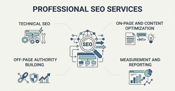 Educational B2B procurement infographic titled 'PROFESSIONAL SEO SERVICES' centered on a magnifying glass inspecting an 'SEO' badge, web browser wireframe, and network globe, detailing four core delivery pillars: Technical SEO, On-Page and Content Optimization, Off-Page Authority Building, and Measurement and Reporting