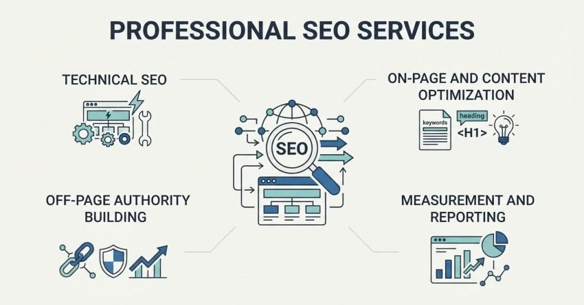 Educational B2B procurement infographic titled 'PROFESSIONAL SEO SERVICES' centered on a magnifying glass inspecting an 'SEO' badge, web browser wireframe, and network globe, detailing four core delivery pillars: Technical SEO, On-Page and Content Optimization, Off-Page Authority Building, and Measurement and Reporting