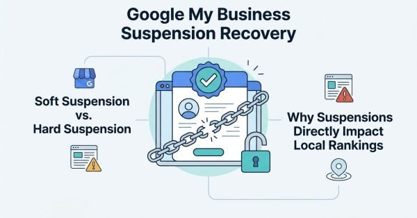 Infographic titled 'Google My Business Suspension Recovery' illustrating soft suspension versus hard suspension on the left, and why suspensions directly impact local rankings on the right, surrounding a central profile document locked with a chain and padlock.