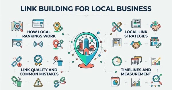 Link building for local business infographic featuring sections on how local rankings work, local link strategies, link quality and common mistakes, and timelines and measurement with colorful icons.