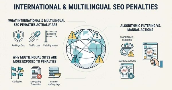 Infographic titled "International & Multilingual SEO Penalties" detailing what penalties are—including rankings drops, traffic loss, and visibility issues—why multilingual sites are exposed due to confusion, low-quality translation, and incorrect hreflang tags, and the difference between algorithmic filtering and manual actions.