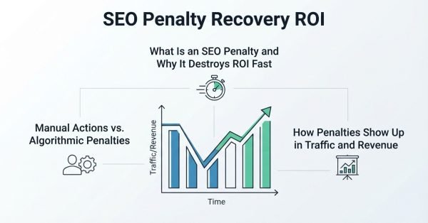 Infographic titled "SEO Penalty Recovery ROI" detailing what an SEO penalty is, why it destroys ROI fast, the differences between manual actions and algorithmic penalties, and how penalties show up in traffic and revenue over time.