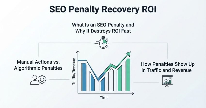 Infographic titled "SEO Penalty Recovery ROI" detailing what an SEO penalty is, why it destroys ROI fast, the differences between manual actions and algorithmic penalties, and how penalties show up in traffic and revenue over time.