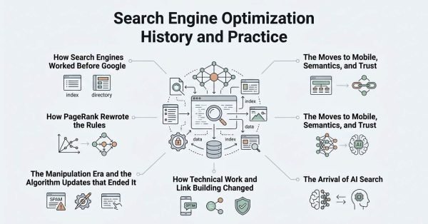 Infographic on search engine optimization history and practice, covering how search engines worked before Google, PageRank, the manipulation era, technical work changes, the move to mobile and semantics, and the arrival of AI search