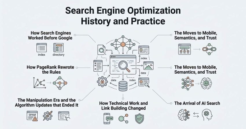 Infographic on search engine optimization history and practice, covering how search engines worked before Google, PageRank, the manipulation era, technical work changes, the move to mobile and semantics, and the arrival of AI search
