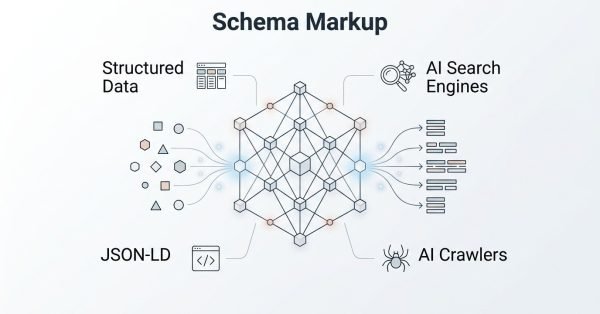 Infographic on schema markup, detailing structured data, JSON-LD, AI crawlers, and AI search engines.