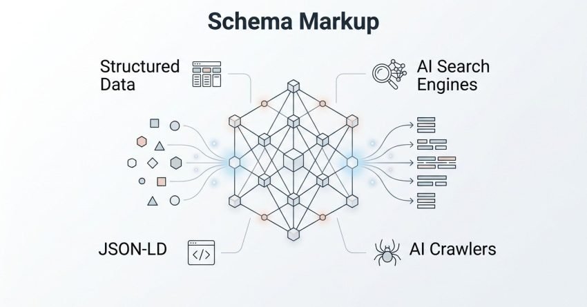 Infographic on schema markup, detailing structured data, JSON-LD, AI crawlers, and AI search engines.