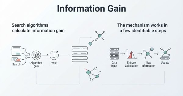 B2B corporate technical infographic titled 'Information Gain' detailing how search algorithms calculate information gain scores and processing steps—from data input and entropy calculation to new information scoring and index updates—around a central document server stack and entity node clusters