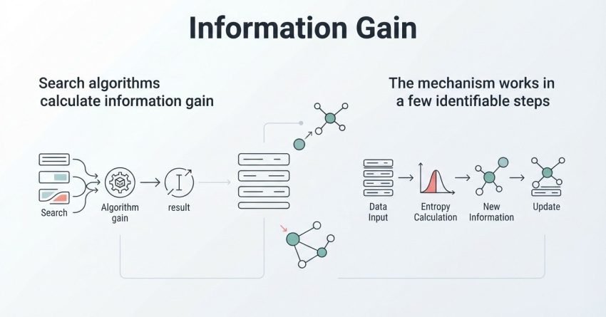 B2B corporate technical infographic titled 'Information Gain' detailing how search algorithms calculate information gain scores and processing steps—from data input and entropy calculation to new information scoring and index updates—around a central document server stack and entity node clusters