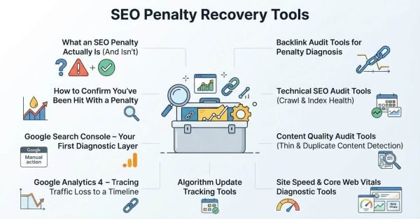 Infographic titled "SEO Penalty Recovery Tools" highlighting what an SEO penalty is and isn't, how to confirm a penalty, Google Search Console as a first diagnostic layer, Google Analytics 4 for tracing traffic loss, algorithm update tracking tools, site speed and Core Web Vitals diagnostics, content quality audit tools for thin and duplicate content, technical SEO audit tools for crawl and index health, and backlink audit tools for penalty diagnosis.
