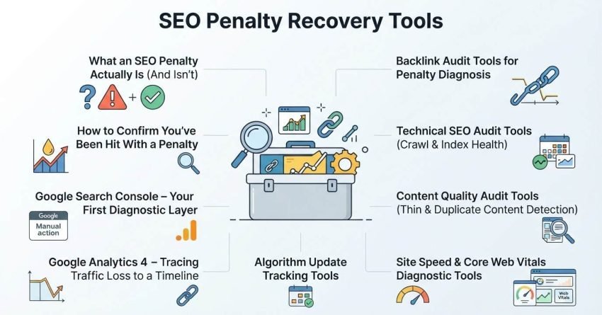 Infographic titled "SEO Penalty Recovery Tools" highlighting what an SEO penalty is and isn't, how to confirm a penalty, Google Search Console as a first diagnostic layer, Google Analytics 4 for tracing traffic loss, algorithm update tracking tools, site speed and Core Web Vitals diagnostics, content quality audit tools for thin and duplicate content, technical SEO audit tools for crawl and index health, and backlink audit tools for penalty diagnosis.
