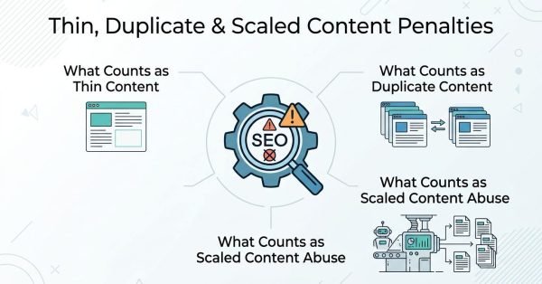 Infographic titled 'Thin, Duplicate & Scaled Content Penalties' illustrating what counts as thin content on the left, what counts as duplicate content on the top right, and what counts as scaled content abuse on the bottom, surrounding a central SEO gear and magnifying glass icon.