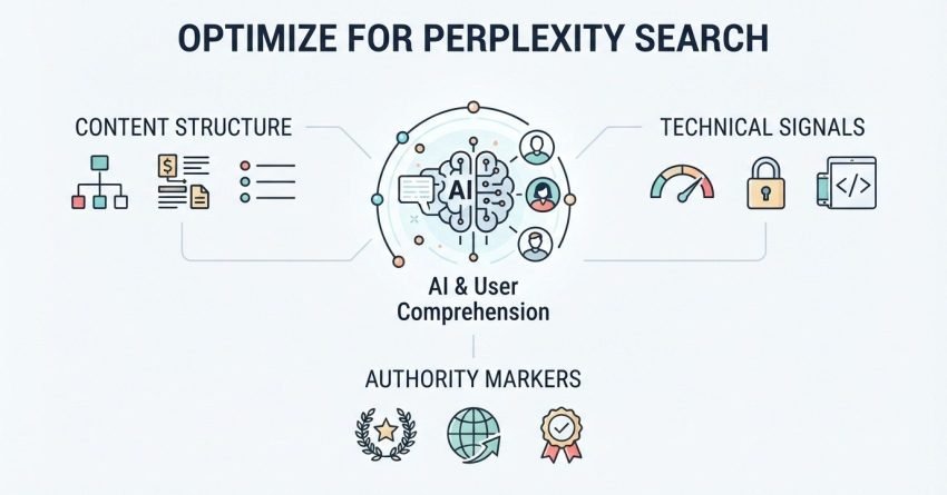 Infographic on how to optimize for Perplexity search, detailing content structure, technical signals, AI and user comprehension, and authority markers