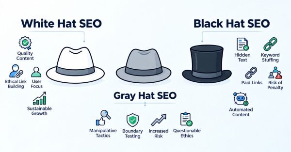 B2B educational marketing infographic comparing White Hat SEO, Gray Hat SEO, and Black Hat SEO methodologies, visualized through a white fedora, gray fedora, and dark top hat flanked by their associated optimization tactics, risk profiles, and ethical standards