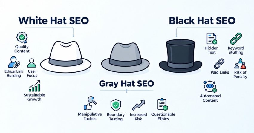 B2B educational marketing infographic comparing White Hat SEO, Gray Hat SEO, and Black Hat SEO methodologies, visualized through a white fedora, gray fedora, and dark top hat flanked by their associated optimization tactics, risk profiles, and ethical standards