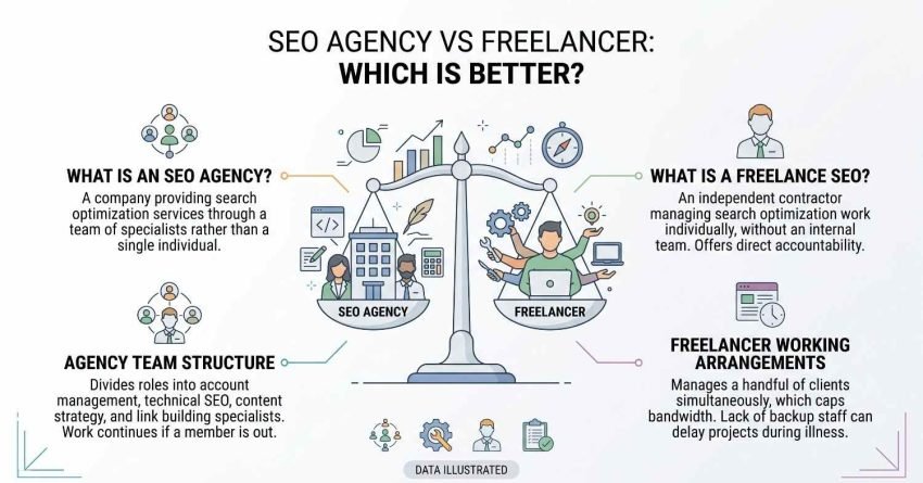 Educational comparison infographic titled 'SEO Agency vs Freelancer: Which Is Better?' centered on a balance scale weighing an agency office building with multiple specialists on the left against a multi-tasking freelance consultant on the right, contrasting team structures and redundancy against direct accountability and bandwidth constraints