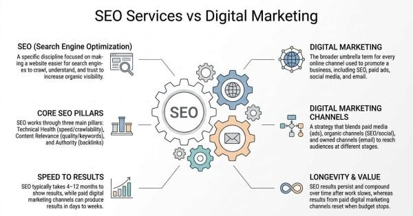 Infographic comparing SEO Services versus Digital Marketing centered on an interlocking gear mechanism with a central SEO cog driving broader digital marketing channels, detailing core definitions, pillars, speed to results, and long-term compounding value across six sections