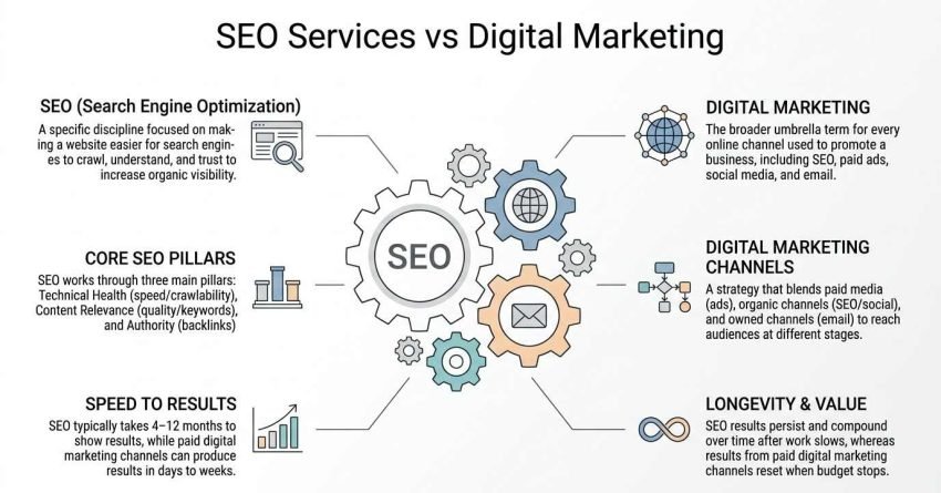 Infographic comparing SEO Services versus Digital Marketing centered on an interlocking gear mechanism with a central SEO cog driving broader digital marketing channels, detailing core definitions, pillars, speed to results, and long-term compounding value across six sections