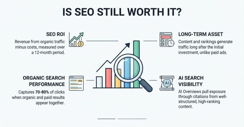 Educational B2B procurement infographic titled 'IS SEO STILL WORTH IT?' centered on a multi-colored ascending bar chart examined by a magnifying glass with an upward trend arrow, breaking down four business value factors: SEO ROI over 12 months, Long-Term Asset compounding vs. paid ads, Organic Search Performance capturing 70-80% of clicks, and AI Search Visibility through AI Overviews citations
